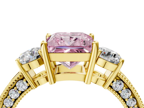 Yellow gold Fancy Pink Princess Cut Three-Stone Diamond Ring with Pavé Band and Four-Prong Setting_4
