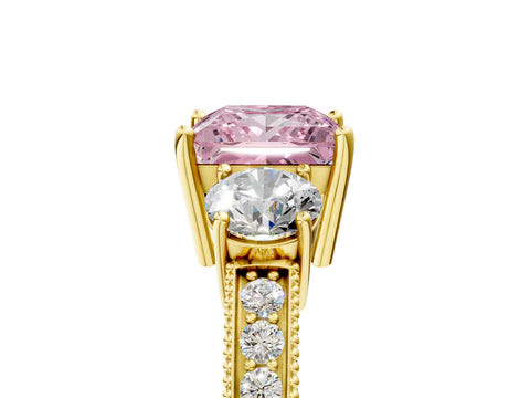 Yellow gold Fancy Pink Princess Cut Three-Stone Diamond Ring with Pavé Band and Four-Prong Setting_5