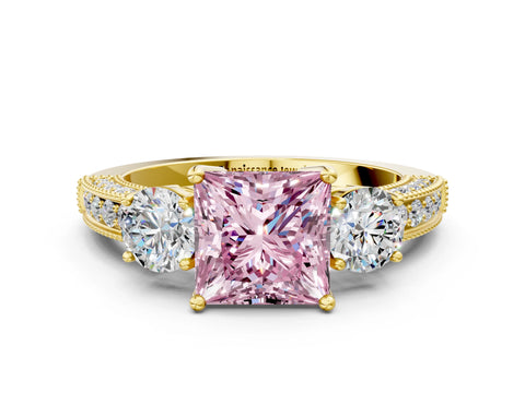 Yellow gold Fancy Pink Princess Cut Three-Stone Diamond Ring with Pavé Band and Four-Prong Setting