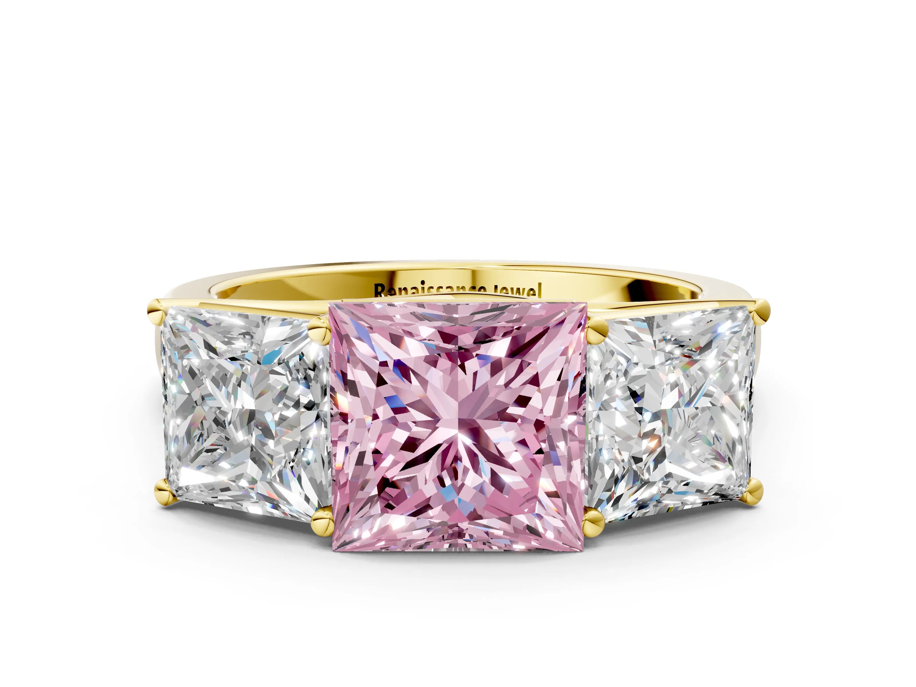 Yellow gold Fancy Pink Princess Cut Three-Stone Diamond Ring with Prong Setting on a Classic Band