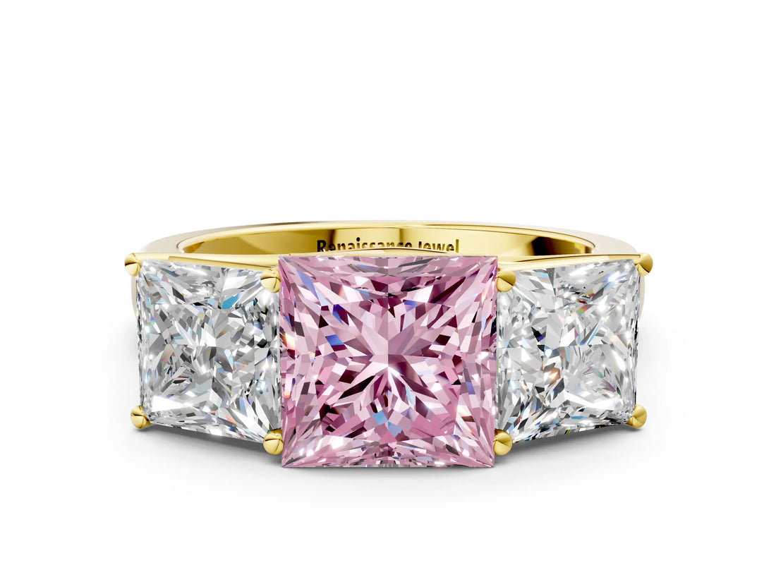 Yellow gold Fancy Pink Princess Cut Three-Stone Diamond Ring with Prong Setting on a Classic Band_12