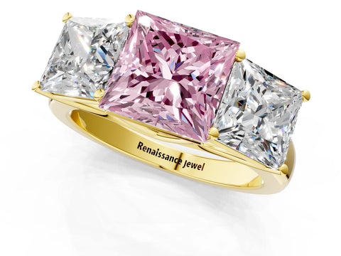 Yellow gold Fancy Pink Princess Cut Three-Stone Diamond Ring with Prong Setting on a Classic Band_1