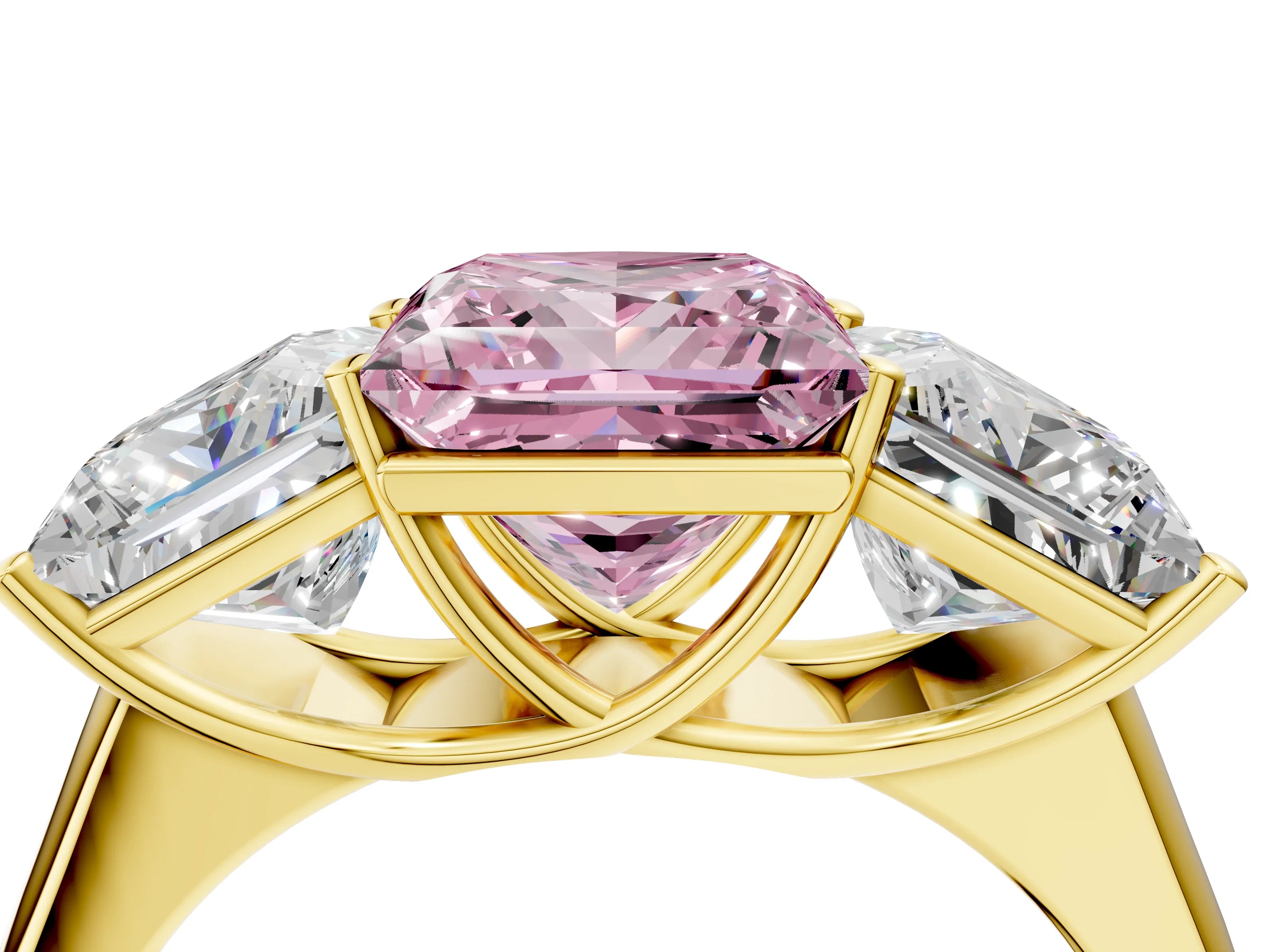 Yellow gold Fancy Pink Princess Cut Three-Stone Diamond Ring with Prong Setting on a Classic Band_4