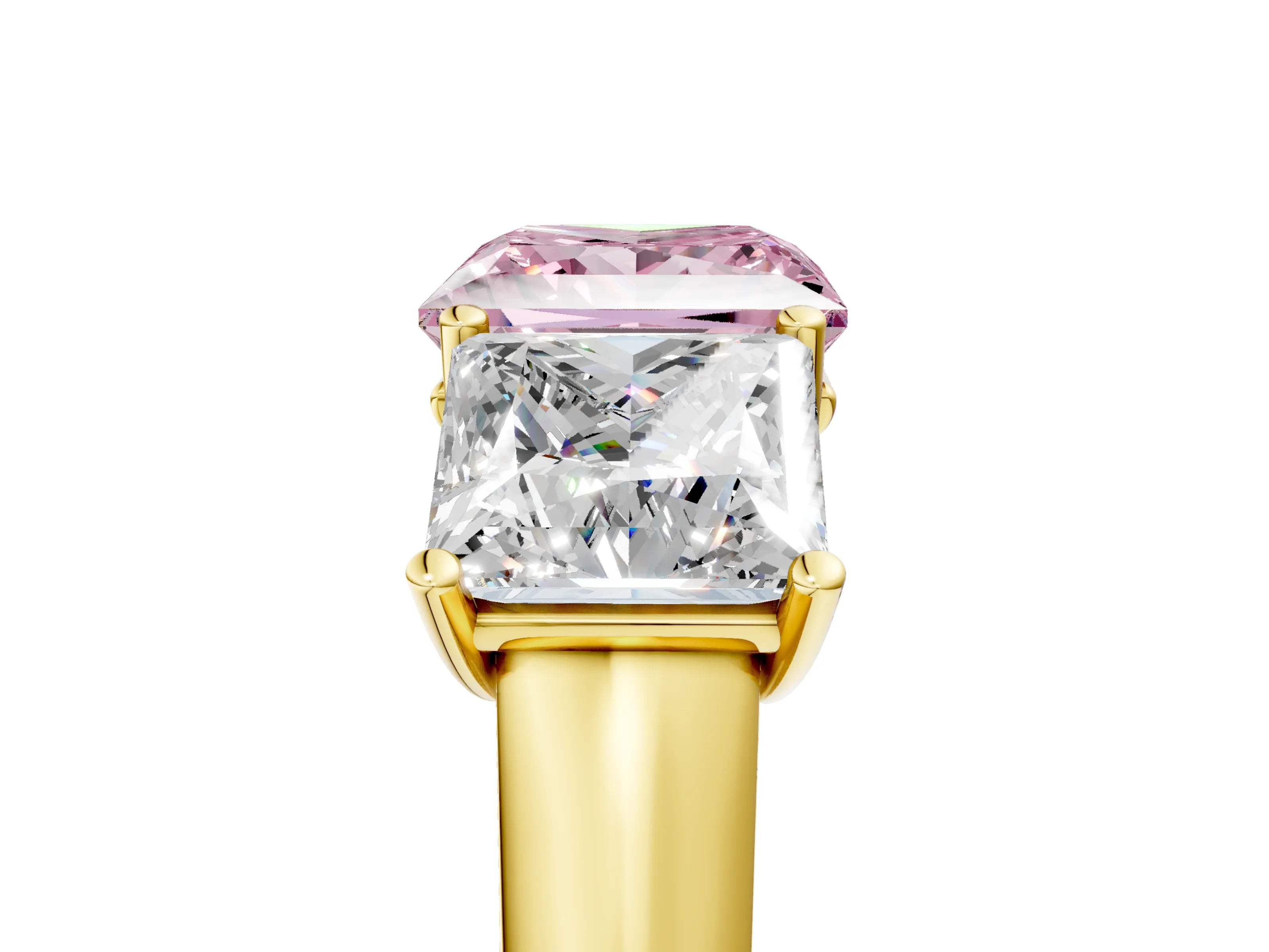 Yellow gold Fancy Pink Princess Cut Three-Stone Diamond Ring with Prong Setting on a Classic Band_5