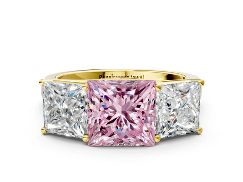 Yellow gold Fancy Pink Princess Cut Three-Stone Diamond Ring with Prong Setting on a Classic Band