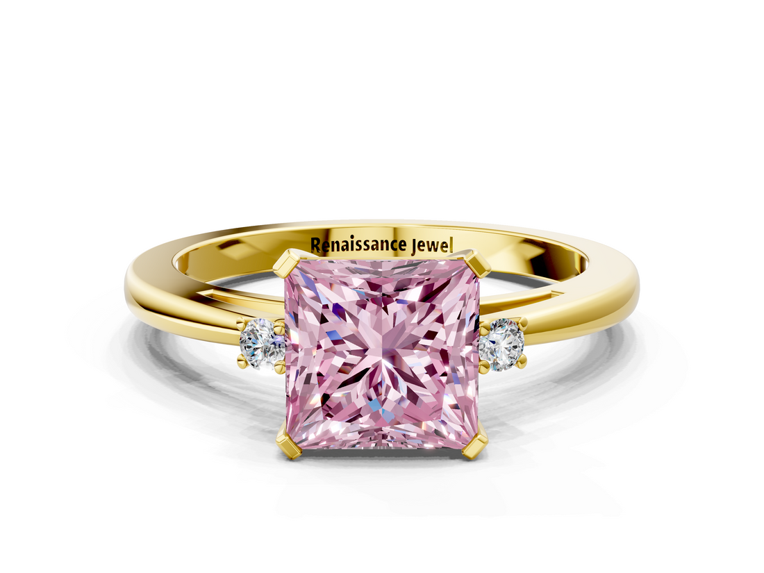 Yellow gold Fancy Pink Princess  Cut Three-Stone Solitaire Ring with Round Accent Diamonds and Four-Prong Setting