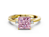 Yellow gold Fancy Pink Princess  Cut Three-Stone Solitaire Ring with Round Accent Diamonds and Four-Prong Setting