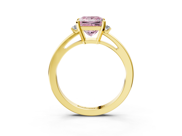 Yellow gold Fancy Pink Princess  Cut Three-Stone Solitaire Ring with Round Accent Diamonds and Four-Prong Setting