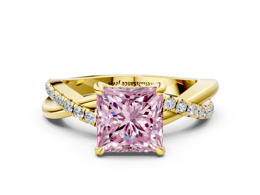 Yellow gold Fancy Pink Princess  Cut Twist Band Solitaire Diamond Ring with Pavé Setting_3
