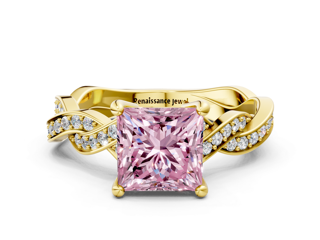 Yellow gold Fancy Pink Princess  Cut Twisted Pavé Band Solitaire Ring with Four-Prong Setting