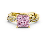 Yellow gold Fancy Pink Princess  Cut Twisted Pavé Band Solitaire Ring with Four-Prong Setting