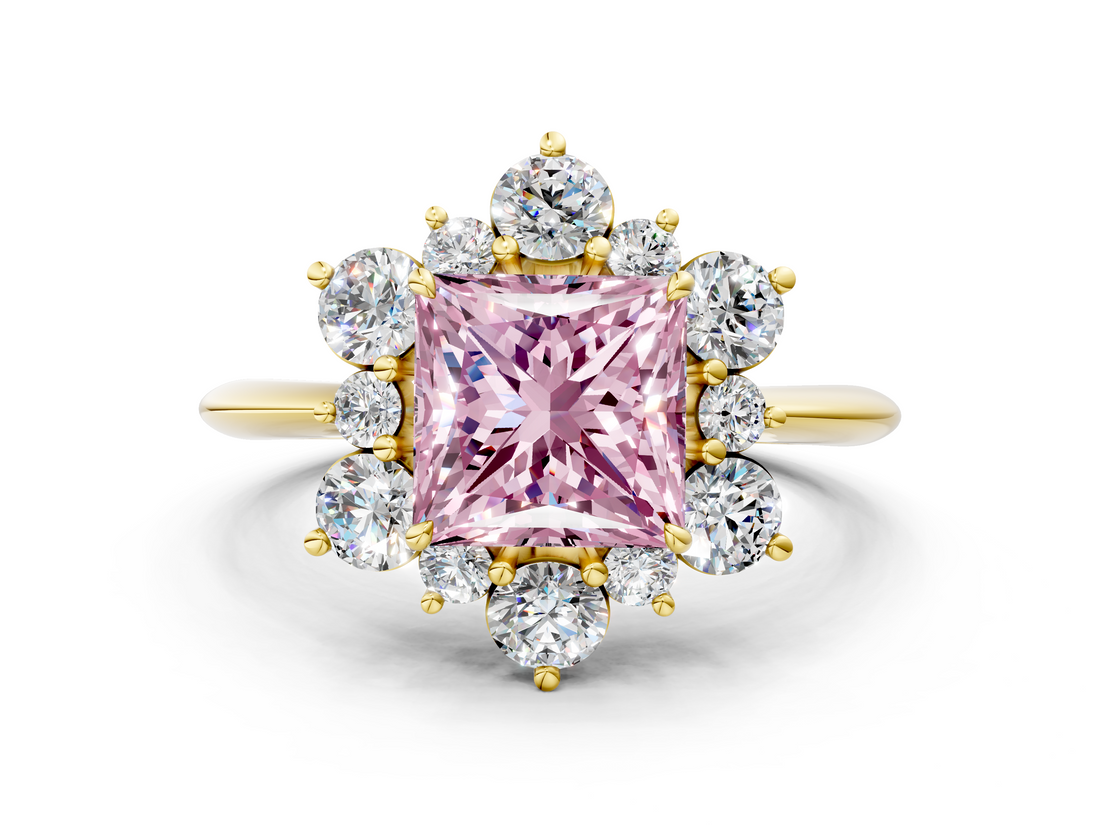 Yellow gold Fancy Pink Princess  Diamond Cluster Halo Ring with Solitaire Band and Four-Prong Setting