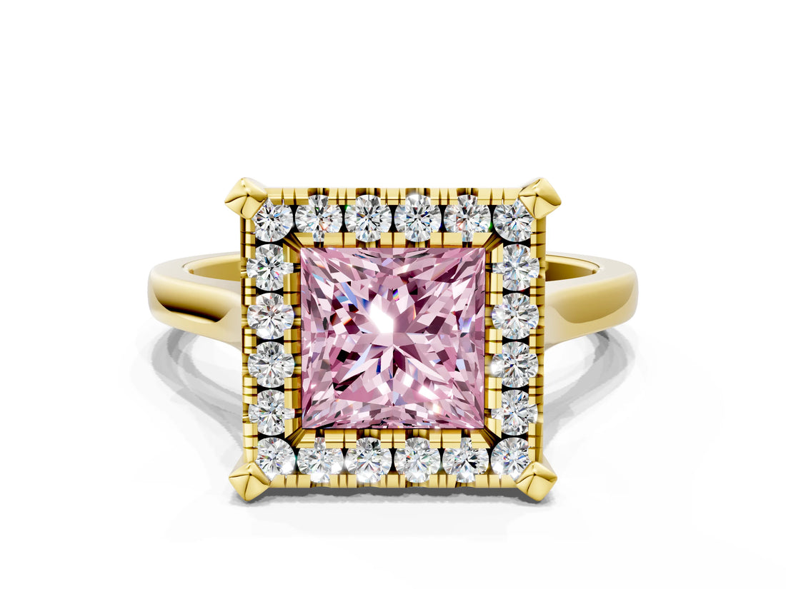 Yellow gold Fancy Pink Princess  Diamond Cluster Halo Solitaire with Four-Prong Setting_23