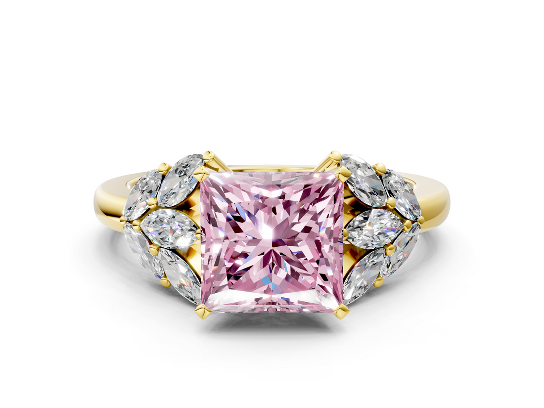 Yellow gold Fancy Pink Princess  Diamond Cluster Leaf Design Ring with Prong Setting