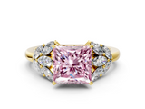 Yellow gold Fancy Pink Princess  Diamond Cluster Leaf Design Ring with Prong Setting