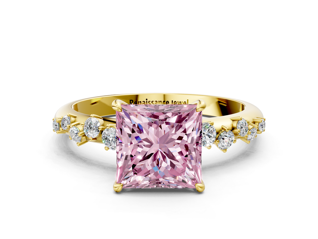 Yellow gold Fancy Pink Princess  Diamond Cluster Prong-Set Solitaire Ring