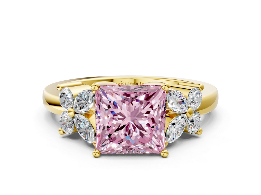 Yellow gold Fancy Pink Princess  Diamond Floral Cluster Ring with Solitaire Band and Prong Setting