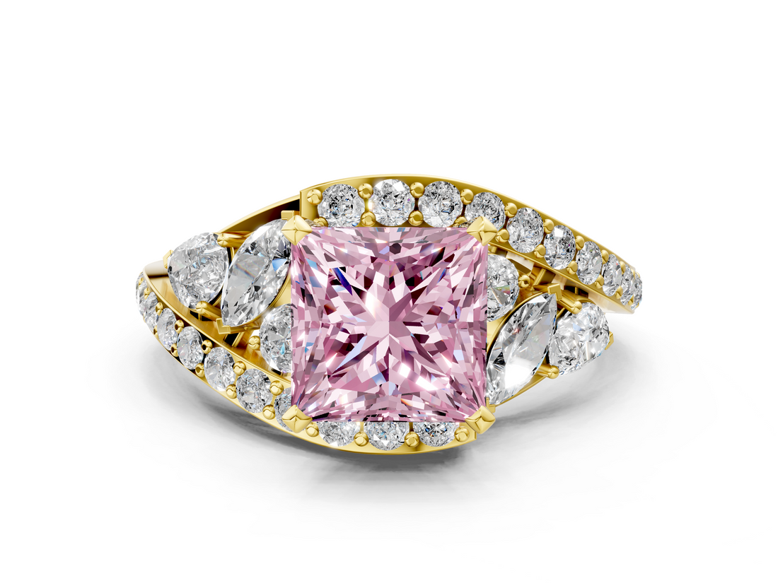 Yellow gold Fancy Pink Princess  Diamond Halo Ring with Marquise and Pavé Band in Prong Setting