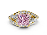 Yellow gold Fancy Pink Princess  Diamond Halo Ring with Marquise and Pavé Band in Prong Setting