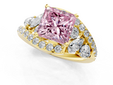 Yellow gold Fancy Pink Princess  Diamond Halo Ring with Marquise and Pavé Band in Prong Setting_1