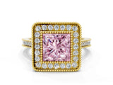 Yellow gold Fancy Pink Princess  Diamond Halo Ring with Milgrain Frame and Pavé Band_23