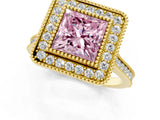 Yellow gold Fancy Pink Princess  Diamond Halo Ring with Milgrain Frame and Pavé Band_24