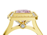 Yellow gold Fancy Pink Princess  Diamond Halo Ring with Milgrain Frame and Pavé Band_27