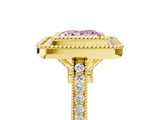 Yellow gold Fancy Pink Princess  Diamond Halo Ring with Milgrain Frame and Pavé Band_28
