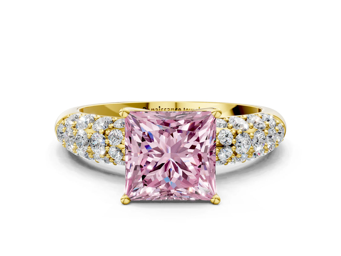 Yellow gold Fancy Pink Princess  Diamond Pavé Band Solitaire Ring with Four-Prong Setting_49