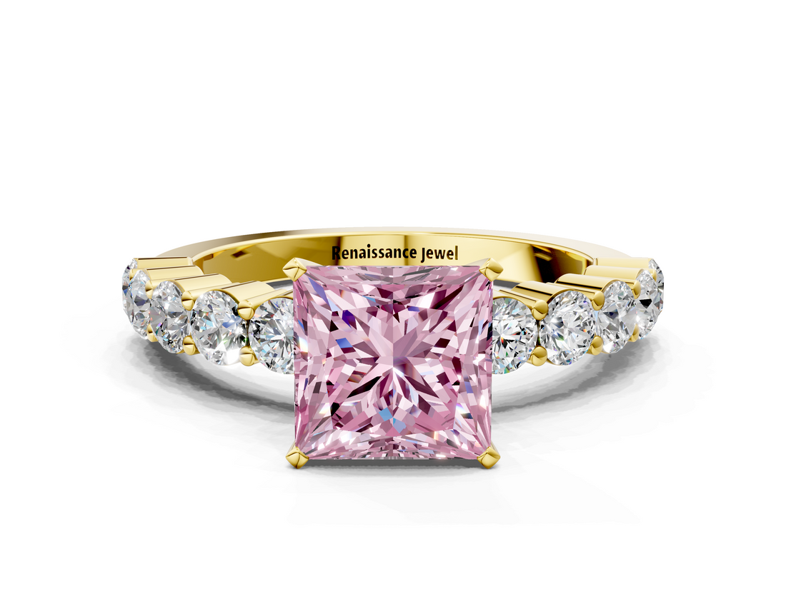Yellow gold Fancy Pink Princess  Diamond Pavé Band Solitaire with Four-Prong Setting