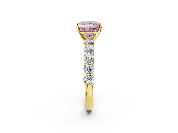 Yellow gold Fancy Pink Princess  Diamond Solitaire Ring with Shared Prong Round Side Stones