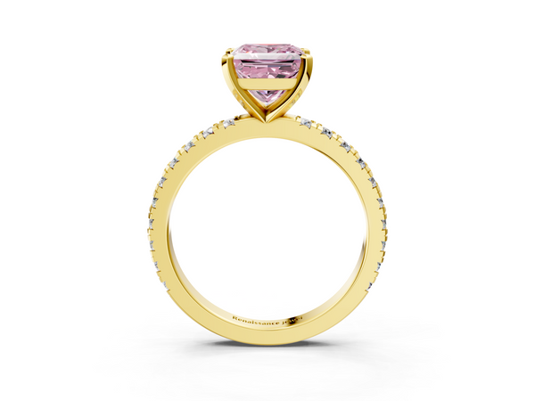 Yellow gold Fancy Pink Princess  Diamond Pavé Band Solitaire with Four-Prong Setting