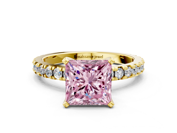 Yellow gold Fancy Pink Princess  Diamond Pavé Band Solitaire with Four-Prong Setting