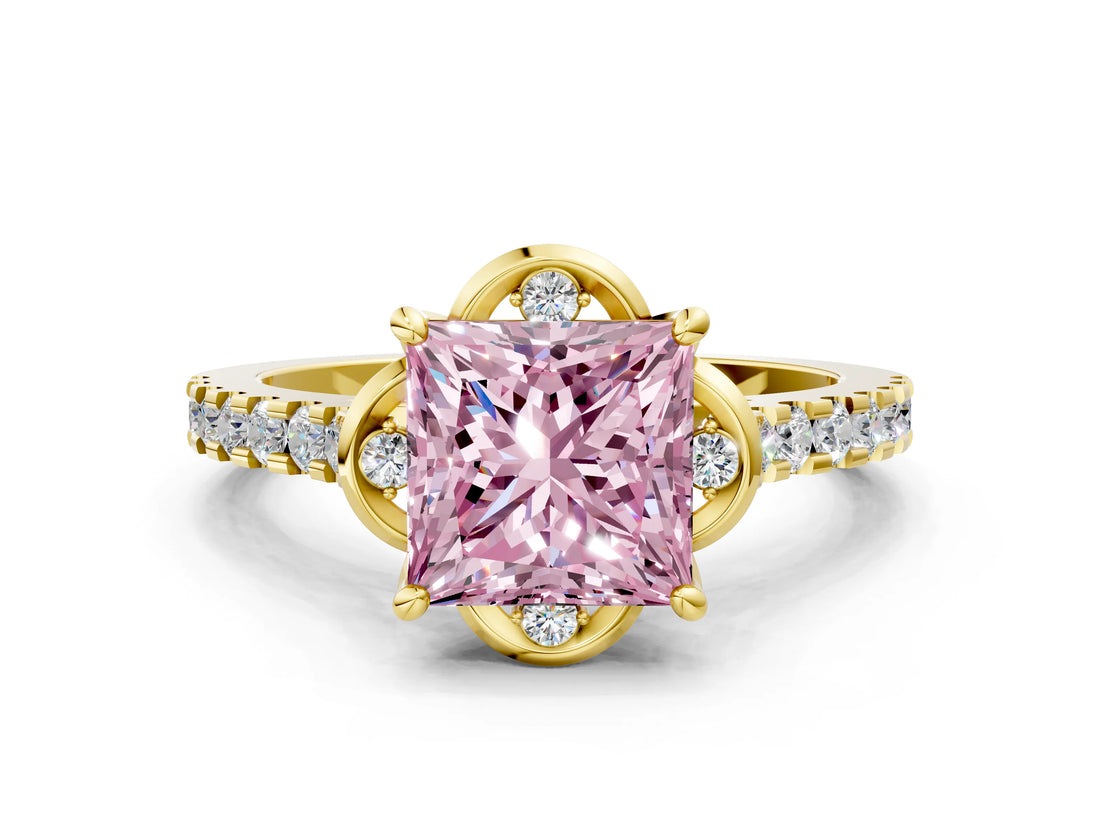 Yellow gold Fancy Pink Princess  Diamond Pave Band with Floral Prong Setting_27