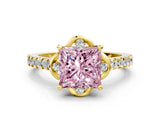 Yellow gold Fancy Pink Princess  Diamond Pave Band with Floral Prong Setting_27