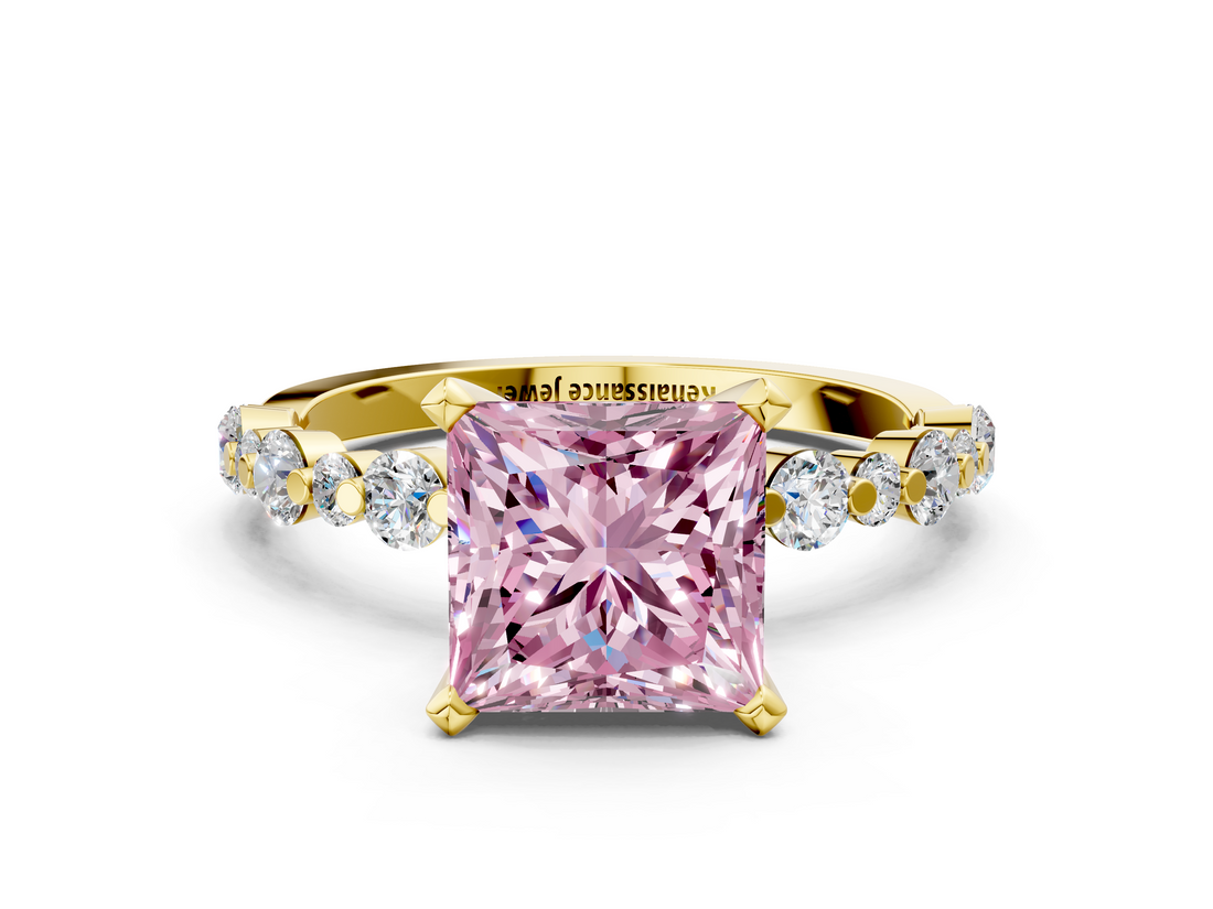 Yellow gold Fancy Pink Princess  Diamond Prong Set Engagement Ring with Pave Band