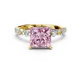Yellow gold Fancy Pink Princess  Diamond Prong Set Engagement Ring with Pave Band