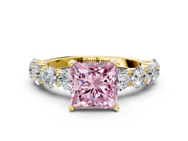 Yellow gold Fancy Pink Princess Cut Diamond Prong Setting with Side Stones on a Pave Band