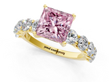 Yellow gold Fancy Pink Princess  Diamond Prong Setting with Side Stones on a Pave Band_1