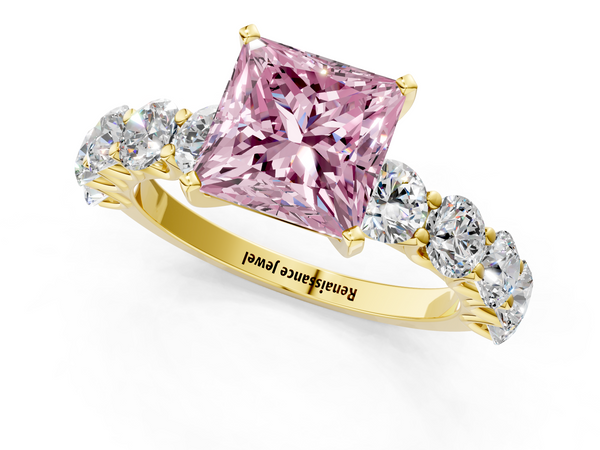 Yellow gold Fancy Pink Princess Cut Diamond Prong Setting with Side Stones on a Pave Band