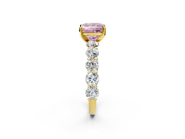 Yellow gold Fancy Pink Princess Cut Diamond Prong Setting with Side Stones on a Pave Band