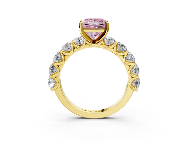 Yellow gold Fancy Pink Princess Cut Diamond Prong Setting with Side Stones on a Pave Band
