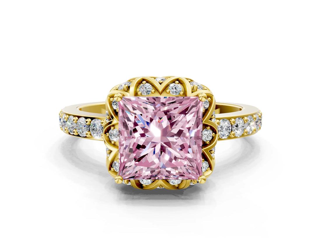 Yellow gold Fancy Pink Princess  Diamond Solitaire Ring with Shared Prong Pavé Band_29