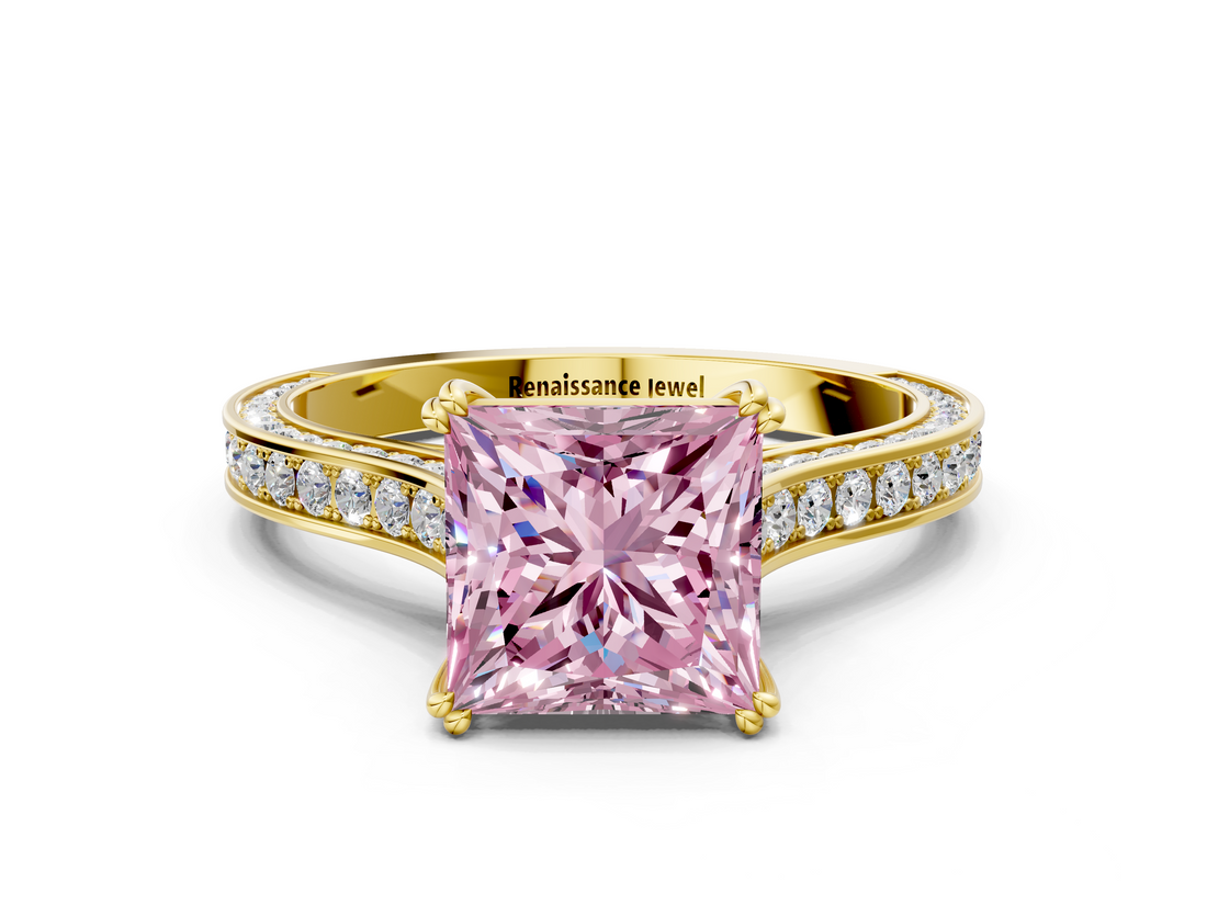 Yellow gold Fancy Pink Princess  Diamond Solitaire with Pave Band and Six-Prong Setting