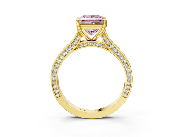 Yellow gold Fancy Pink Princess  Diamond Solitaire with Pave Band and Six-Prong Setting