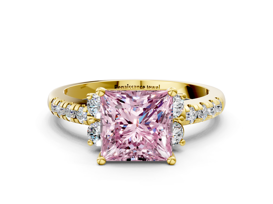 Yellow gold Fancy Pink Princess  Diamond Three-Stone Pave Band with Four-Prong Setting