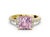Yellow gold Fancy Pink Princess  Diamond Three-Stone Pave Band with Four-Prong Setting
