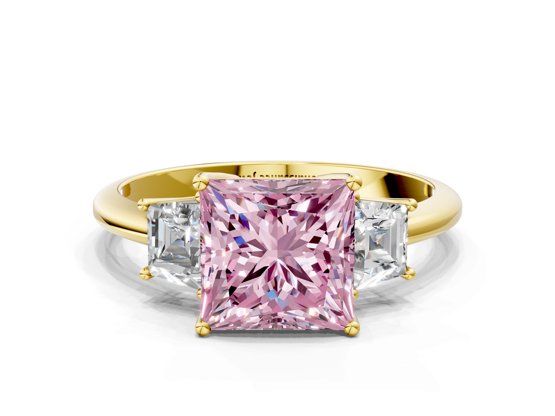 Yellow gold Fancy Pink Princess  Diamond Three-Stone Ring with Trapezoid Side Stones and Prong Setting