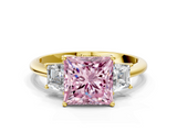 Yellow gold Fancy Pink Princess  Diamond Three-Stone Ring with Trapezoid Side Stones and Prong Setting