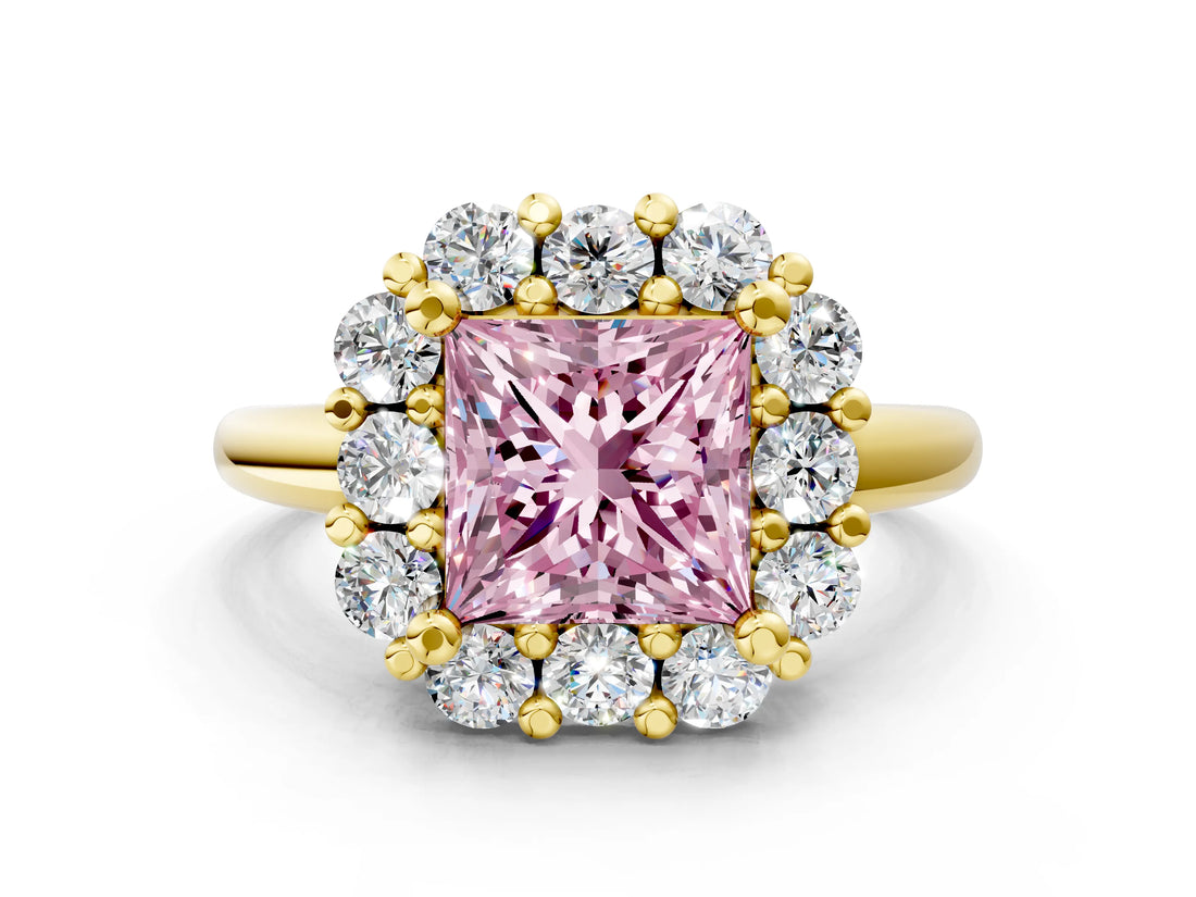 Yellow gold Fancy Pink Princess  Halo Cluster Diamond Engagement Ring with Prong Setting and Polished Band_63